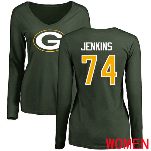 Green Bay Packers Green Women #74 Jenkins Elgton Name And Number Logo Nike NFL Long Sleeve T Shirt->nfl t-shirts->Sports Accessory